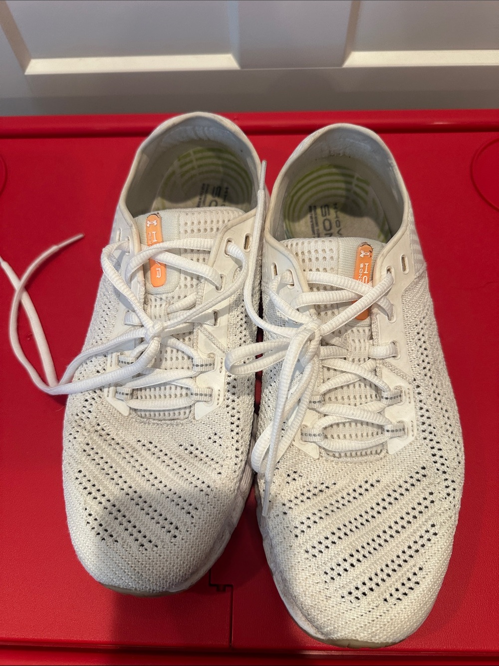 Under Armour White Knit Slip-On Sneakers with Green Insole Accents